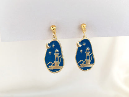 Lighthouse Night Sky Dangle Clip on Earrings