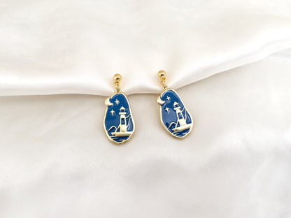 Lighthouse Night Sky Dangle Clip on Earrings