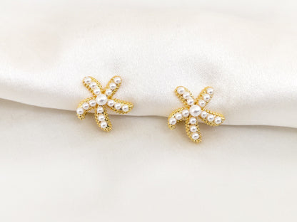Pearl Starfish Gold Clip on Earrings