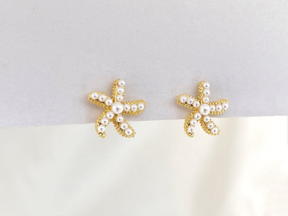Pearl Starfish Gold Clip on Earrings