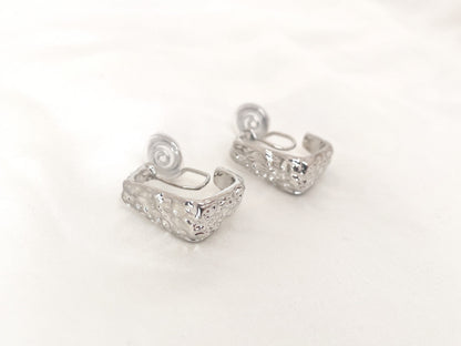 Textured Chunky Sliver Square Hoop Clip on Earrings