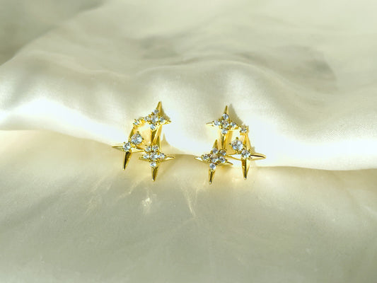Sparkly CZ stars gold clip on earrings, Four point star clip on studs, Dainty three stars earrings, Invisible clip on earrings
