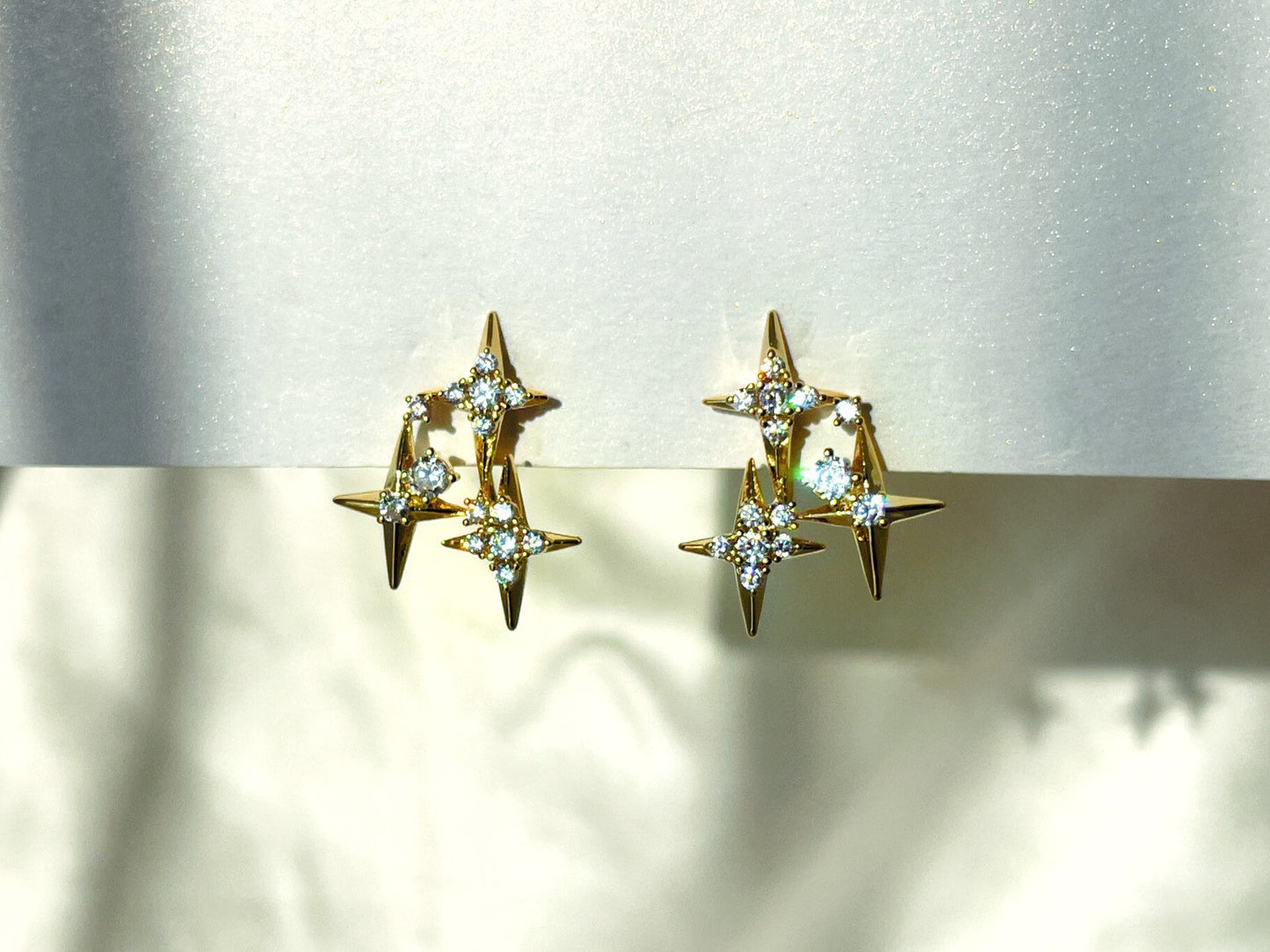 Sparkly CZ stars gold clip on earrings, Four point star clip on studs, Dainty three stars earrings, Invisible clip on earrings