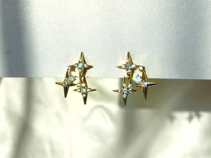 Sparkly CZ stars gold clip on earrings, Four point star clip on studs, Dainty three stars earrings, Invisible clip on earrings