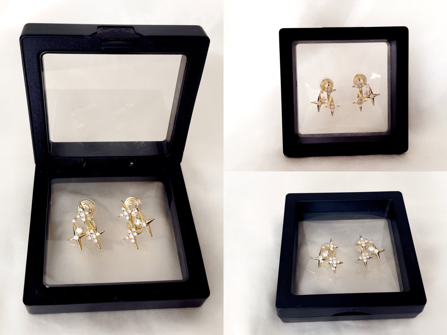 Sparkly CZ stars gold clip on earrings, Four point star clip on studs, Dainty three stars earrings, Invisible clip on earrings