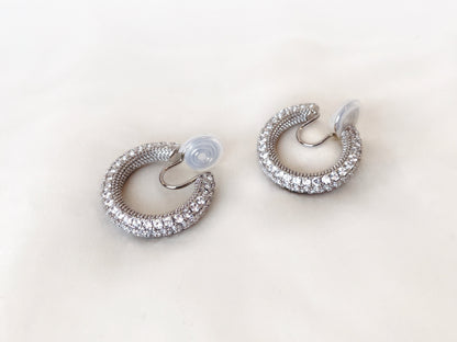 Sparkling CZ Silver Huggie Hoop Clip on Earrings
