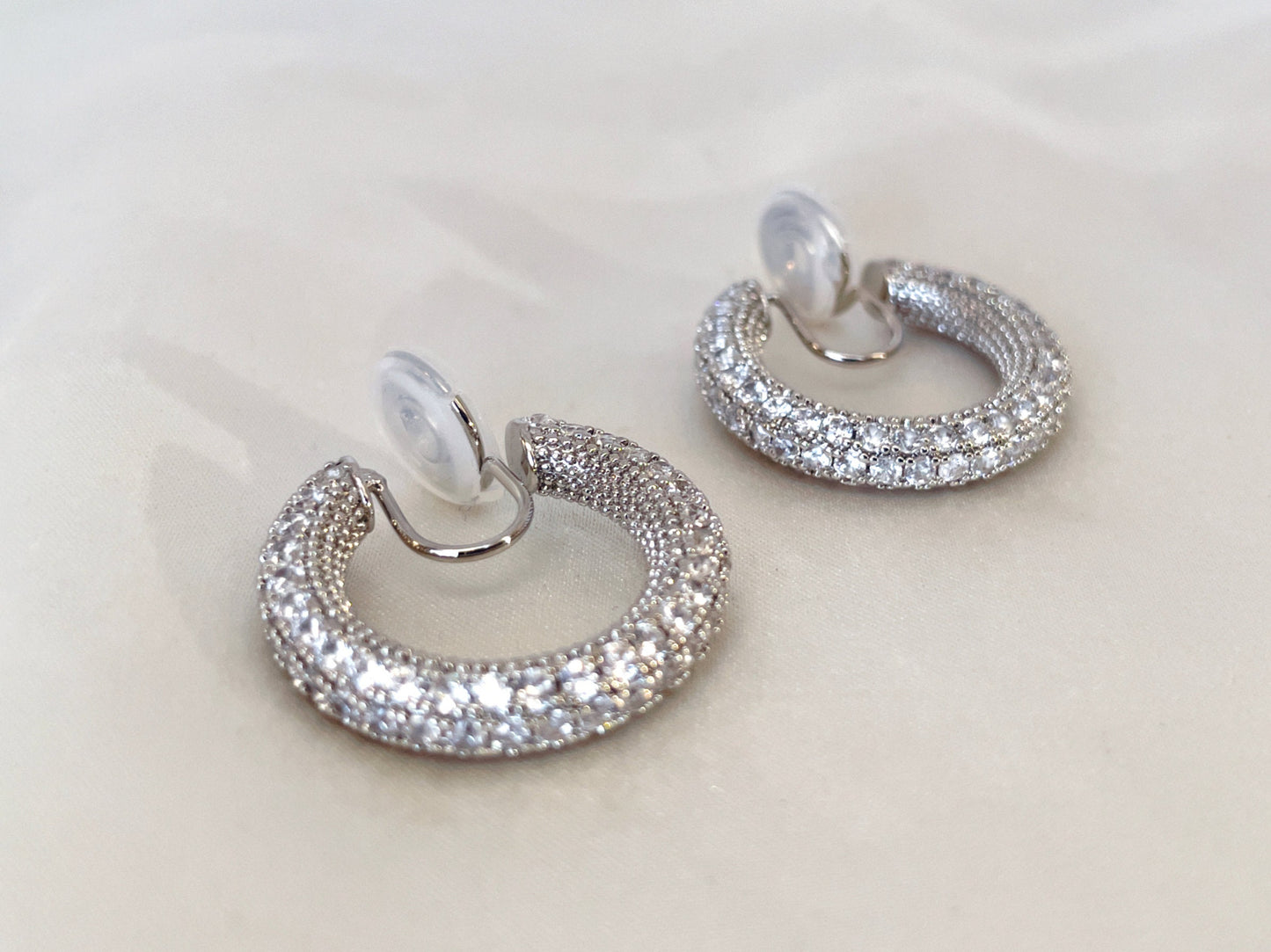 Sparkling CZ Silver Huggie Hoop Clip on Earrings
