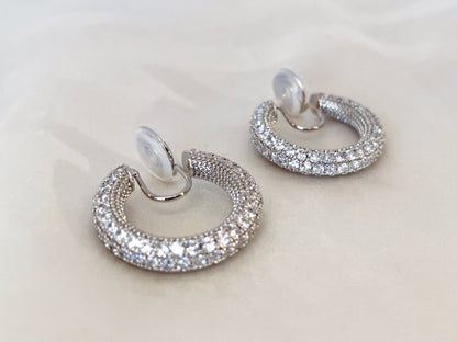 Sparkling CZ Silver Huggie Hoop Clip on Earrings