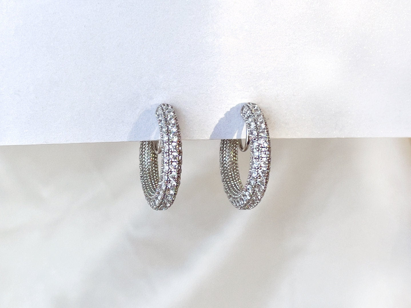 Sparkling CZ Silver Huggie Hoop Clip on Earrings