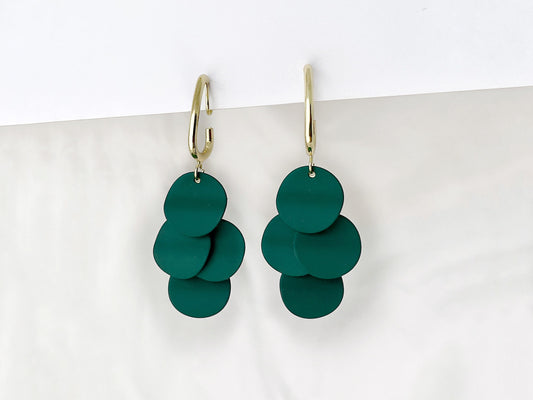 Statement green circle drop clip on earrings, Green matte finish dangle clip on earrings, Green and gold drop clip on earrings