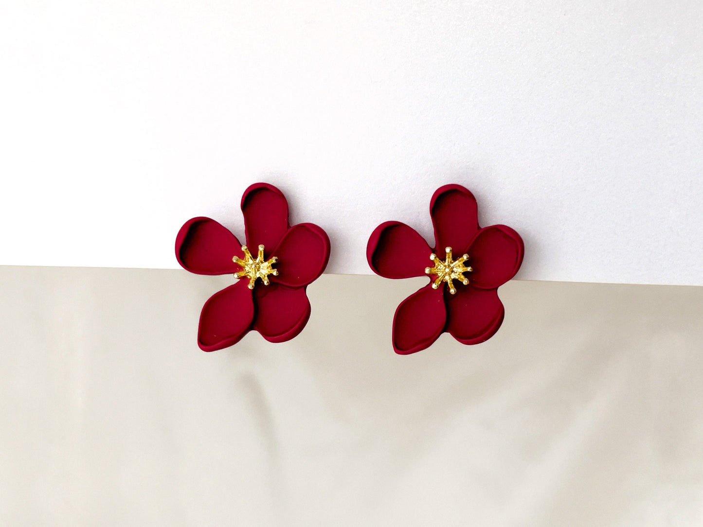 Matte Red Flower Clip on Earrings