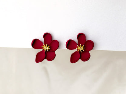 Matte Red Flower Clip on Earrings