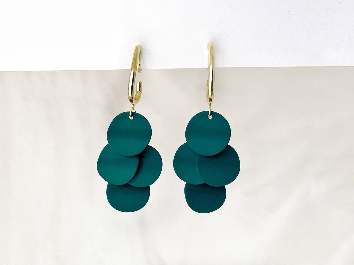 Statement green circle drop clip on earrings, Green matte finish dangle clip on earrings, Green and gold drop clip on earrings