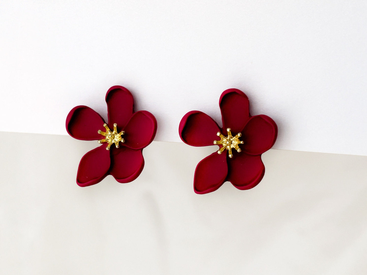Matte Red Flower Clip on Earrings