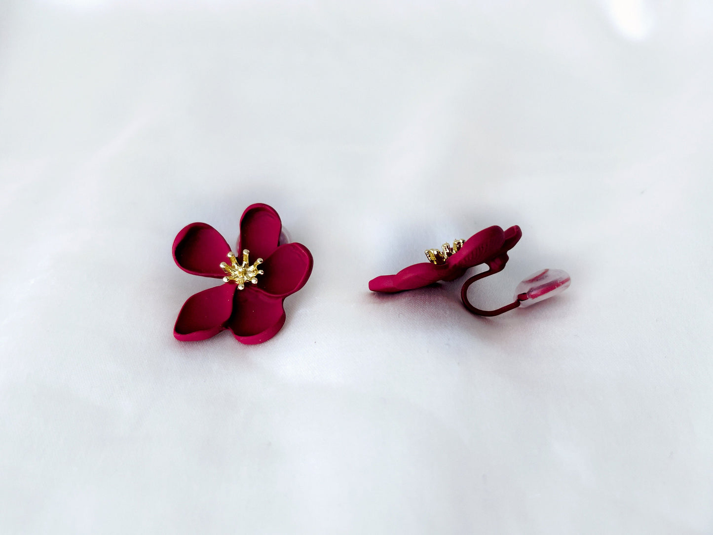 Matte Red Flower Clip on Earrings