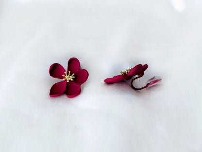 Matte Red Flower Clip on Earrings