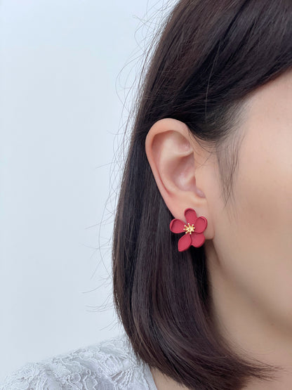 Matte Red Flower Clip on Earrings
