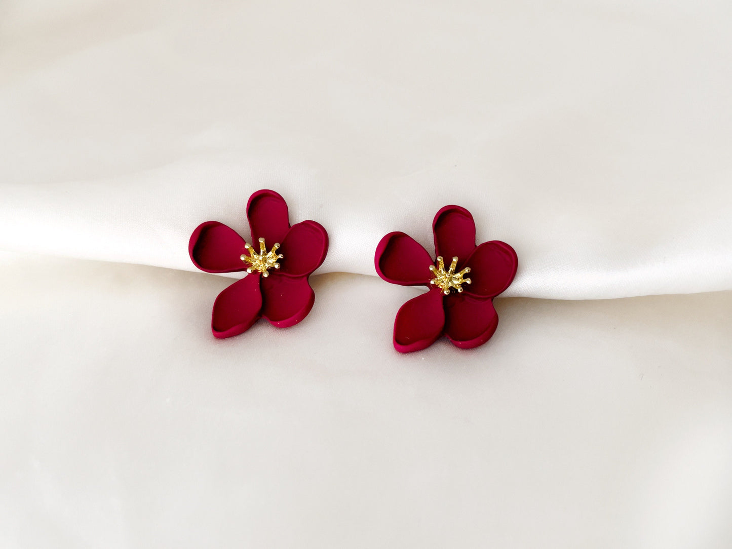 Matte Red Flower Clip on Earrings