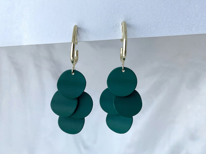 Statement green circle drop clip on earrings, Green matte finish dangle clip on earrings, Green and gold drop clip on earrings