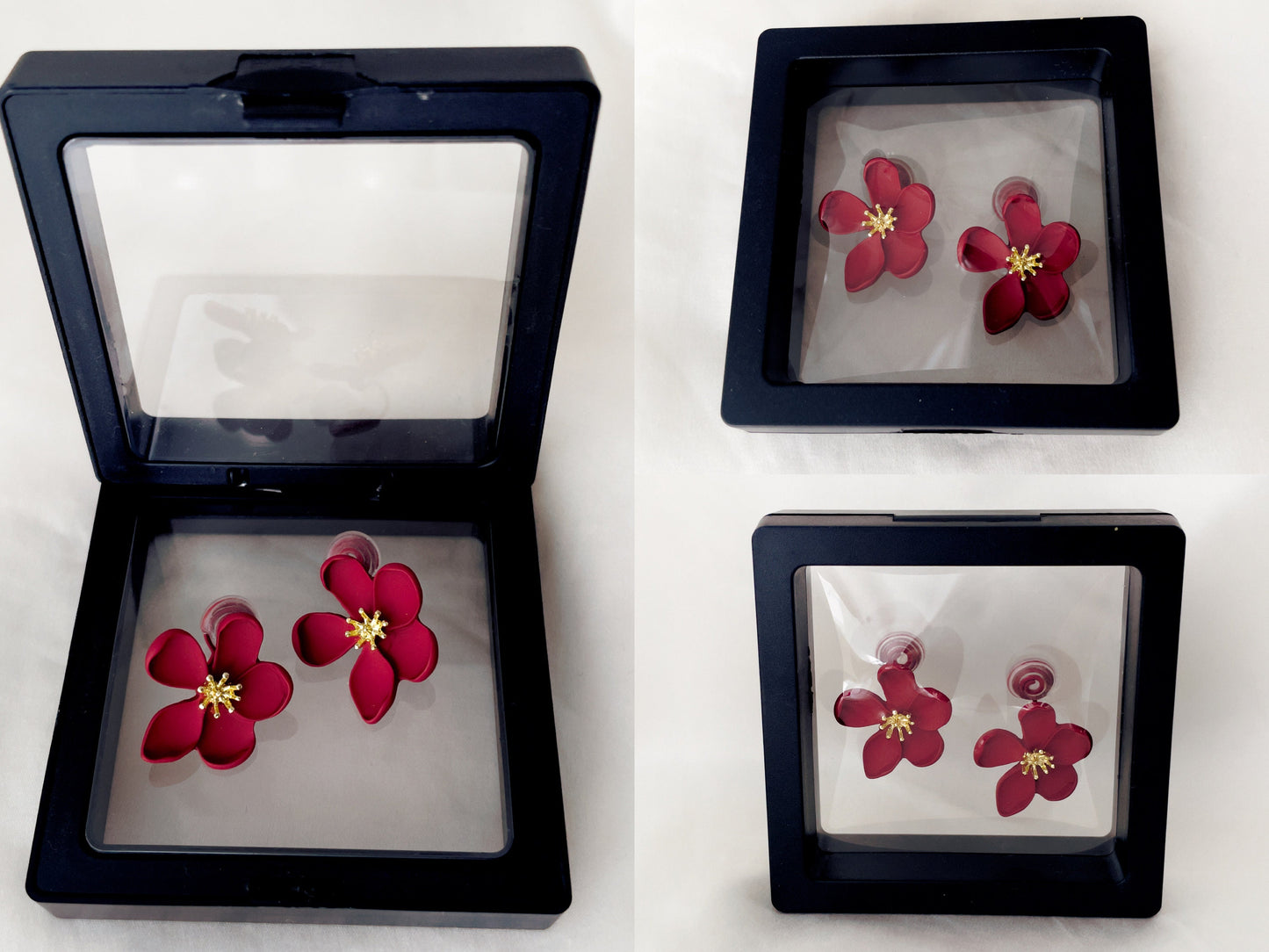 Matte Red Flower Clip on Earrings