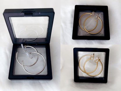 Statement gold silver hoop clip on earrings, 40mm large hoop dangle clip on earring, Lightweight hoop clip on earrings