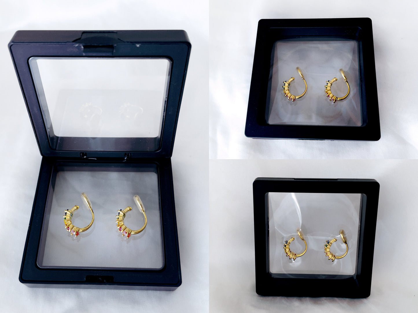 Rainbow CZ small huggie hoop clip on earrings, Multicoloured CZ hoop clip on earrings, Colourful baguette CZ hoop earrings