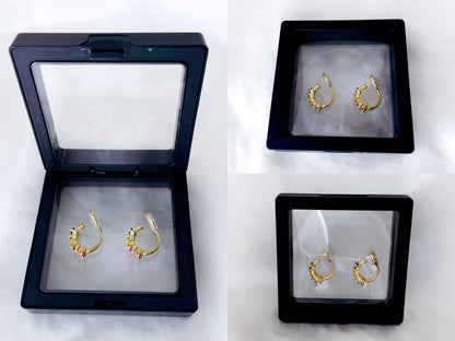Rainbow CZ small huggie hoop clip on earrings, Multicoloured CZ hoop clip on earrings, Colourful baguette CZ hoop earrings