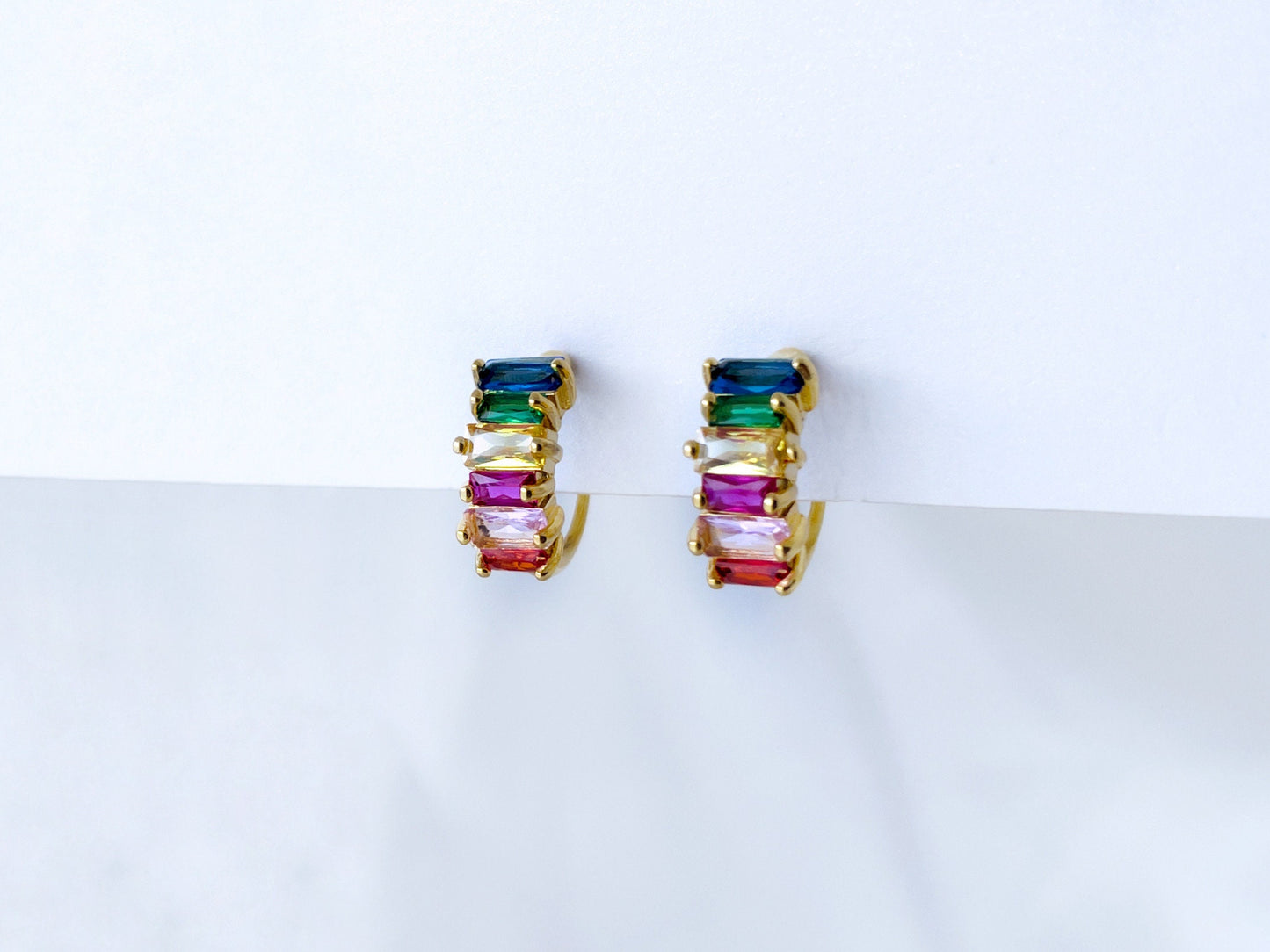 Rainbow CZ small huggie hoop clip on earrings, Multicoloured CZ hoop clip on earrings, Colourful baguette CZ hoop earrings