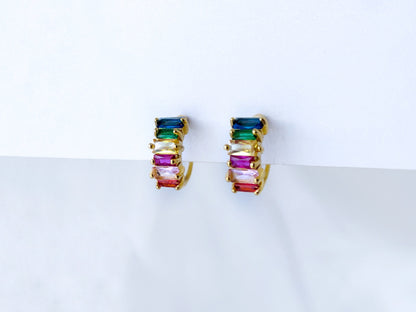 Rainbow CZ small huggie hoop clip on earrings, Multicoloured CZ hoop clip on earrings, Colourful baguette CZ hoop earrings