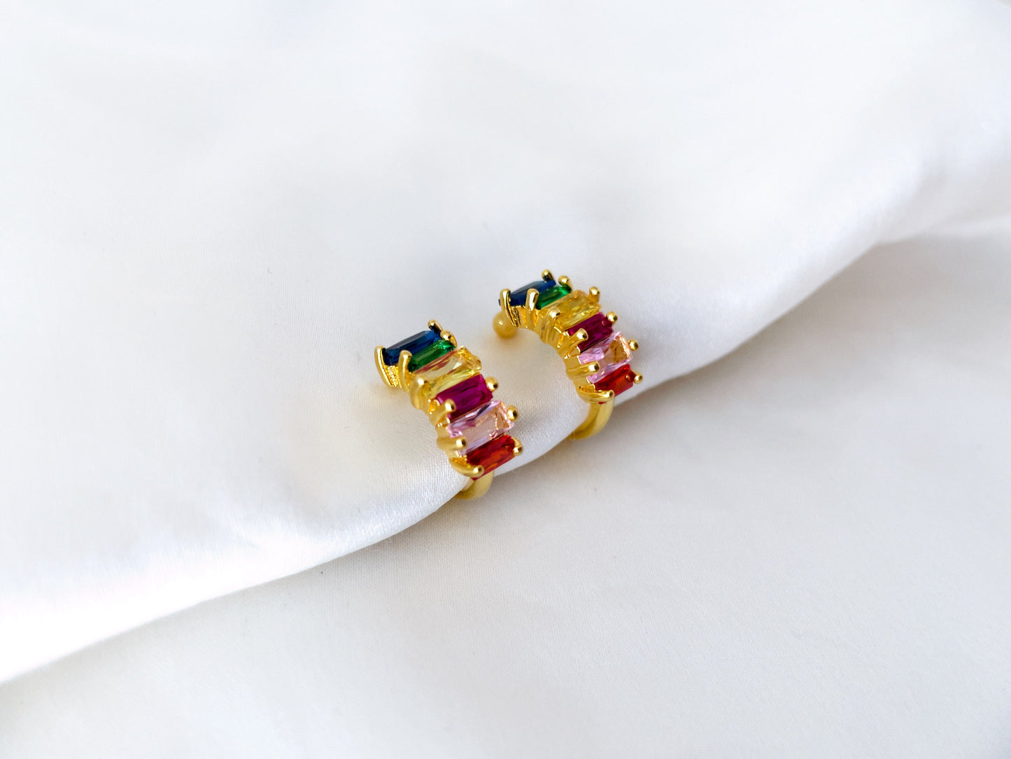 Rainbow CZ small huggie hoop clip on earrings, Multicoloured CZ hoop clip on earrings, Colourful baguette CZ hoop earrings