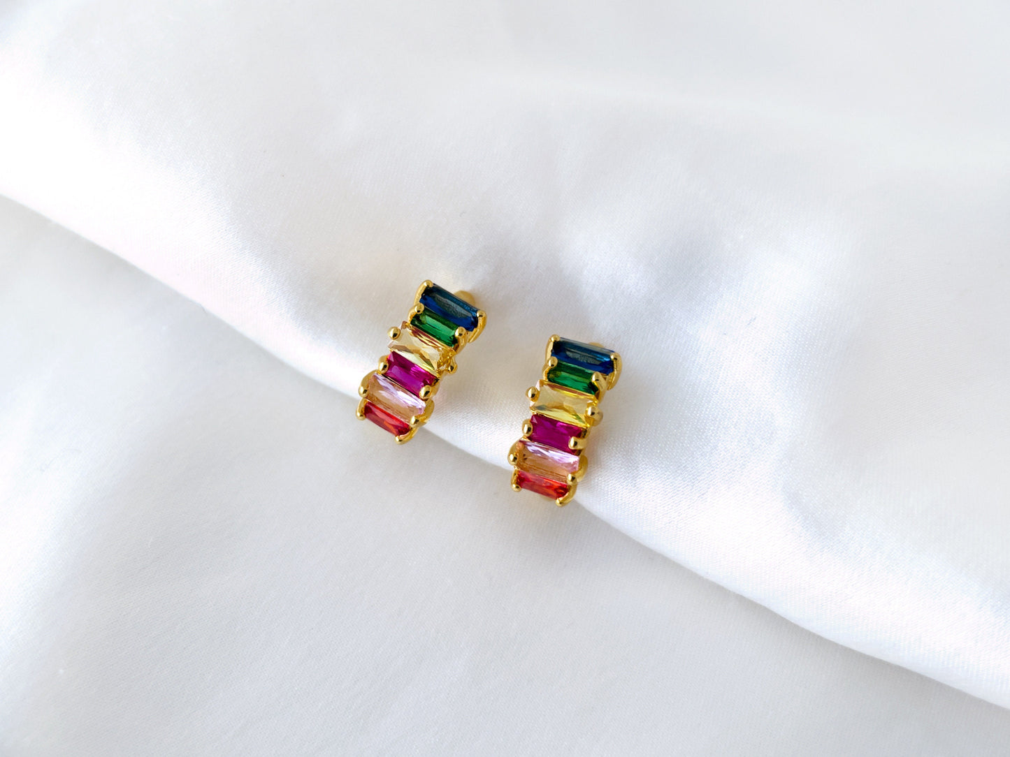 Rainbow CZ small huggie hoop clip on earrings, Multicoloured CZ hoop clip on earrings, Colourful baguette CZ hoop earrings