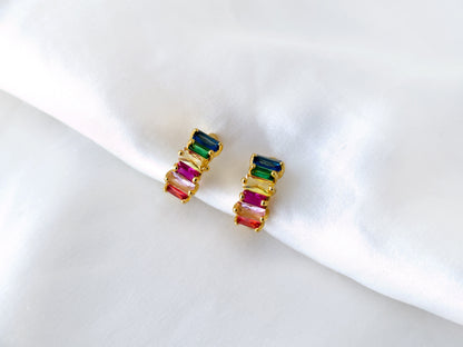 Rainbow CZ small huggie hoop clip on earrings, Multicoloured CZ hoop clip on earrings, Colourful baguette CZ hoop earrings