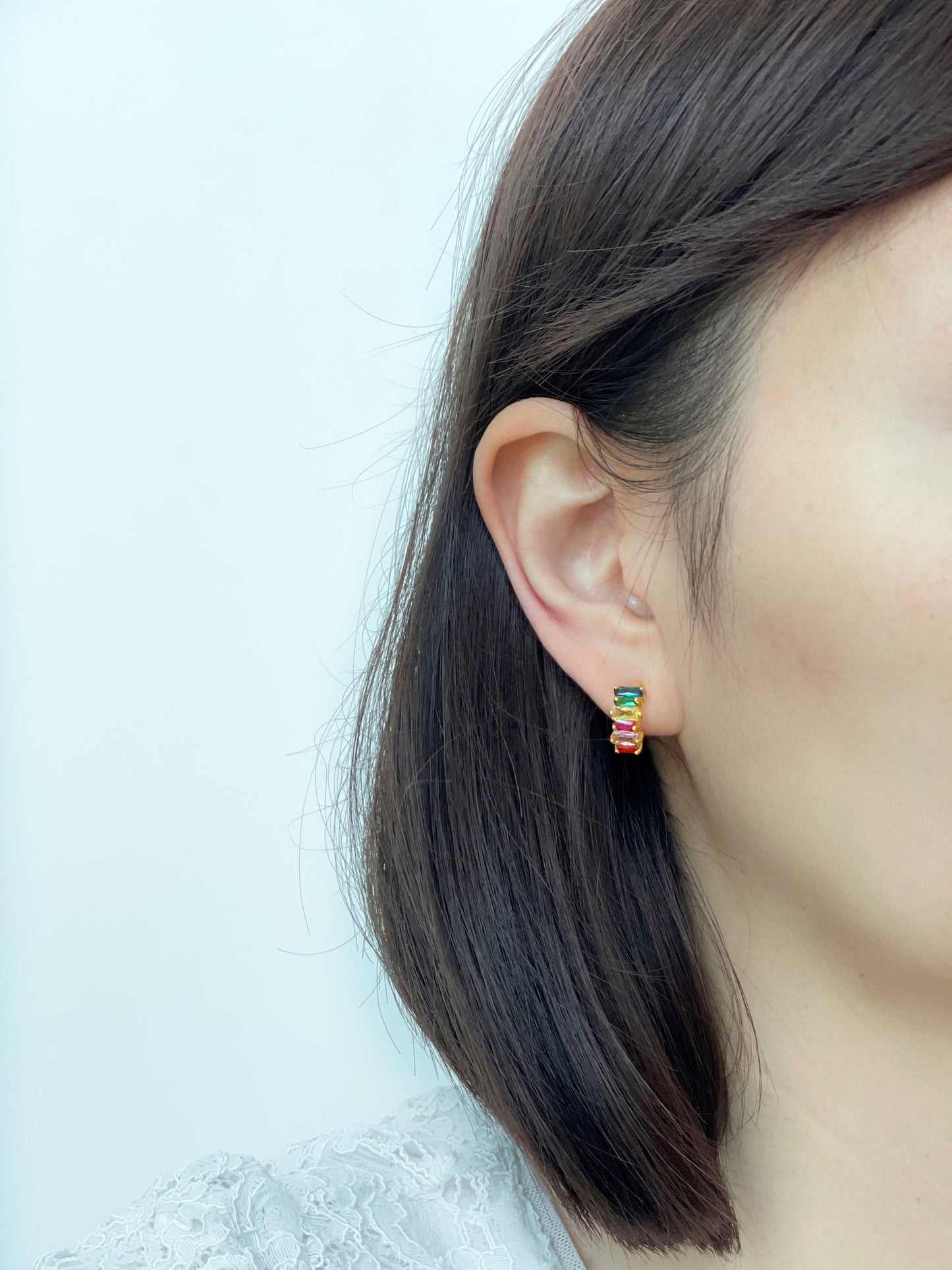 Rainbow CZ small huggie hoop clip on earrings, Multicoloured CZ hoop clip on earrings, Colourful baguette CZ hoop earrings