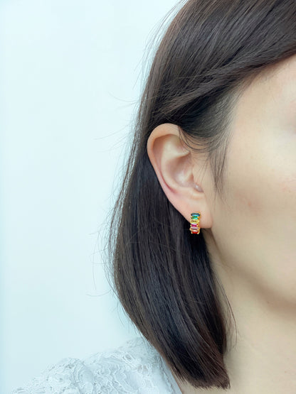 Rainbow CZ small huggie hoop clip on earrings, Multicoloured CZ hoop clip on earrings, Colourful baguette CZ hoop earrings