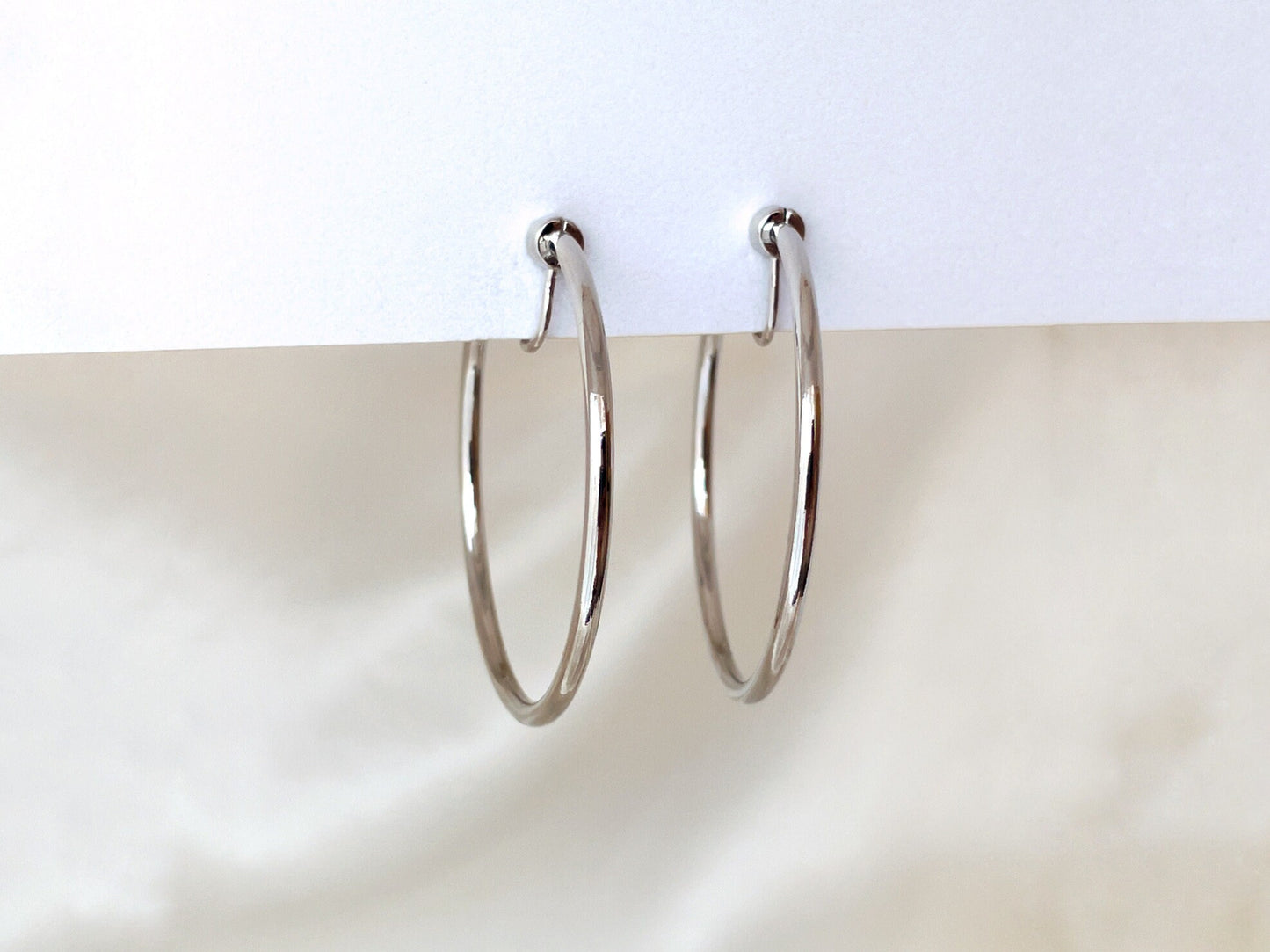 Statement gold silver hoop clip on earrings, 40mm large hoop dangle clip on earring, Lightweight hoop clip on earrings