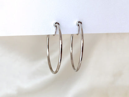 Statement gold silver hoop clip on earrings, 40mm large hoop dangle clip on earring, Lightweight hoop clip on earrings