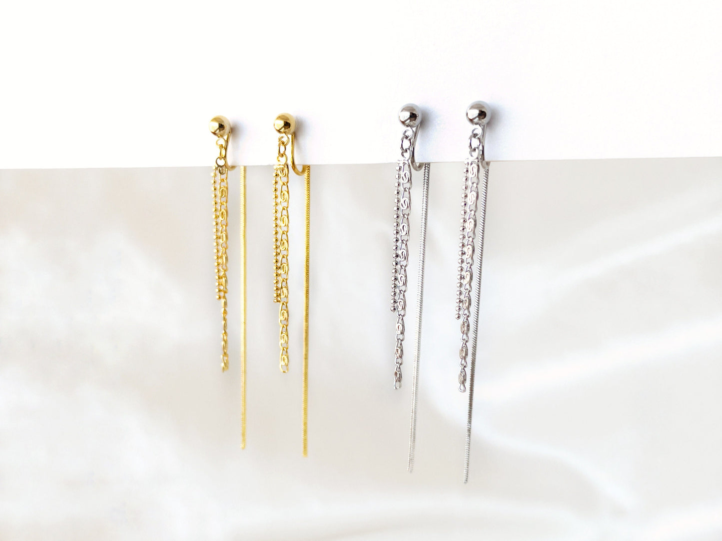 Minimalist Long Chain Silver/Gold Clip on Earrings