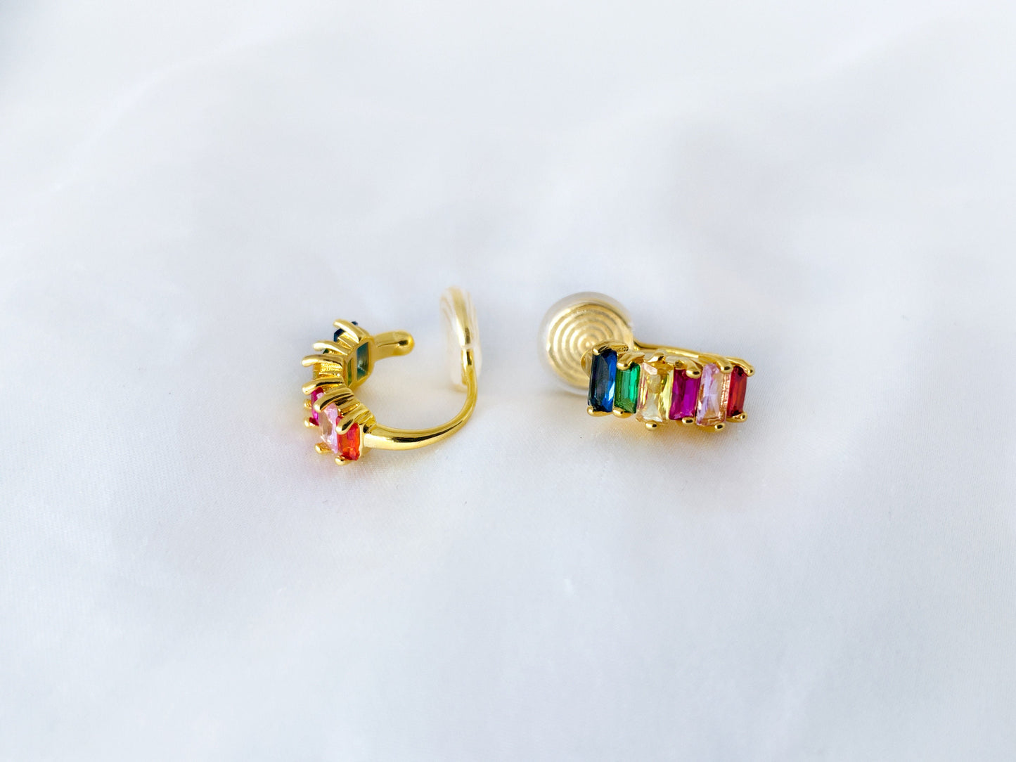 Rainbow CZ small huggie hoop clip on earrings, Multicoloured CZ hoop clip on earrings, Colourful baguette CZ hoop earrings