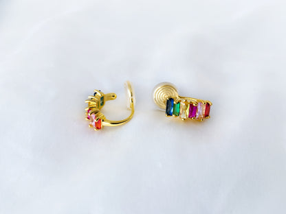 Rainbow CZ small huggie hoop clip on earrings, Multicoloured CZ hoop clip on earrings, Colourful baguette CZ hoop earrings