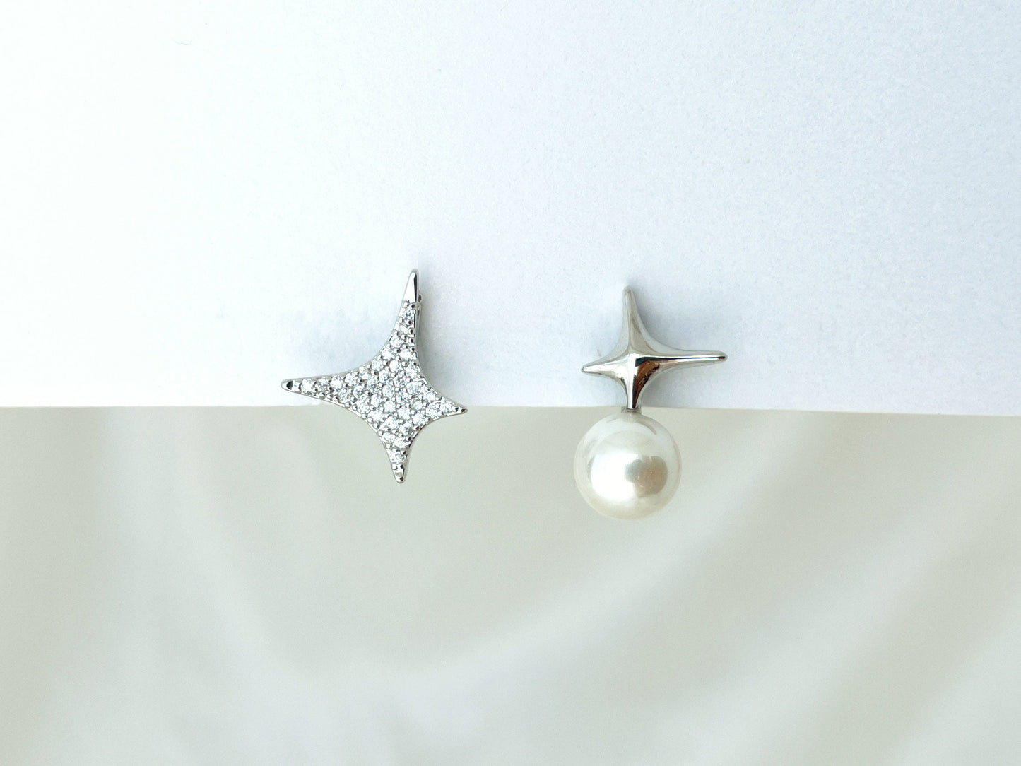 Mismatched Sparkly Gold/Silver Star and Pearl Clip on Earrings