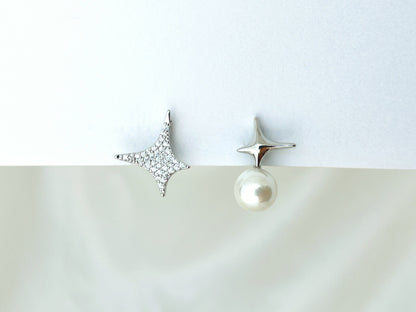 Mismatched Sparkly Gold/Silver Star and Pearl Clip on Earrings