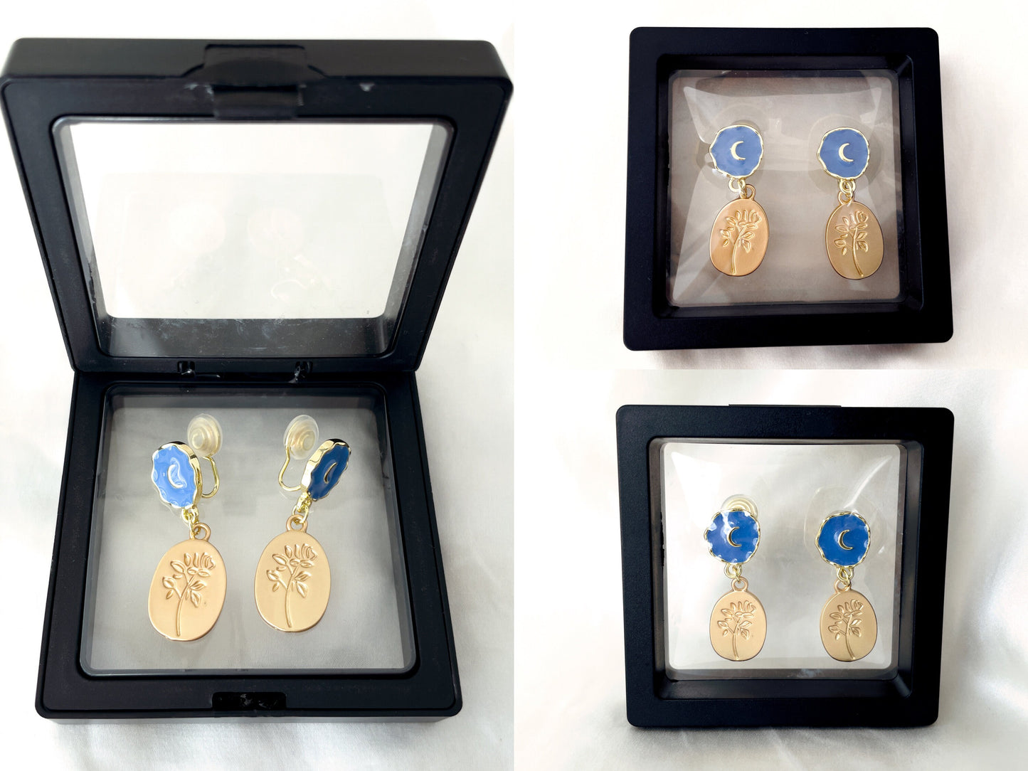 Blue Moon and Gold Coin Rose Dangle Clip on Earrings