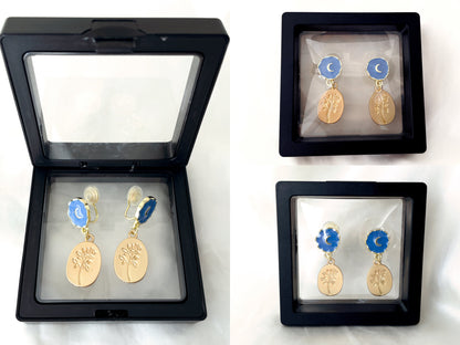 Blue Moon and Gold Coin Rose Dangle Clip on Earrings