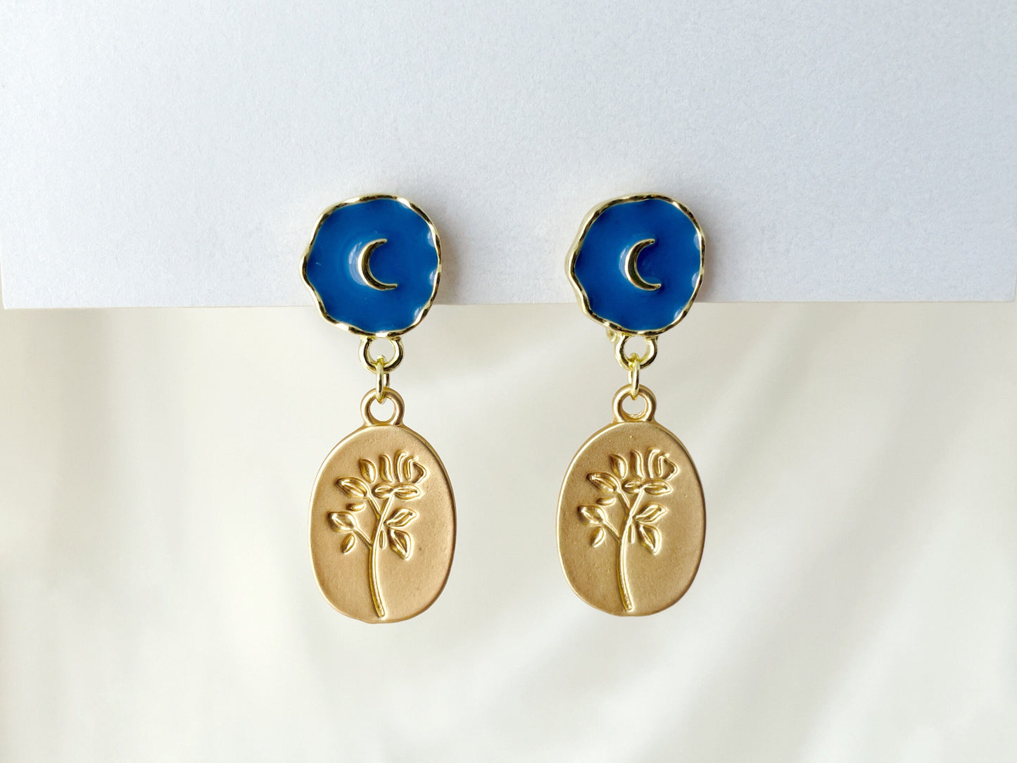 Blue Moon and Gold Coin Rose Dangle Clip on Earrings