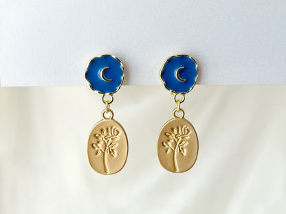 Blue Moon and Gold Coin Rose Dangle Clip on Earrings