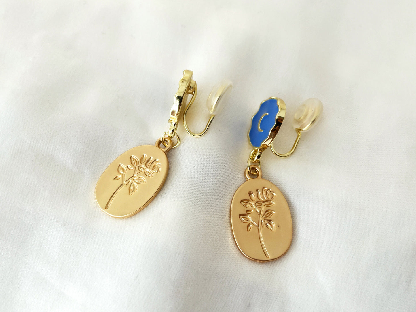 Blue Moon and Gold Coin Rose Dangle Clip on Earrings