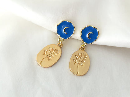 Blue Moon and Gold Coin Rose Dangle Clip on Earrings