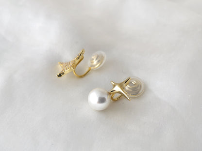 Mismatched Sparkly Gold/Silver Star and Pearl Clip on Earrings