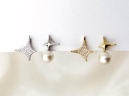 Mismatched Sparkly Gold/Silver Star and Pearl Clip on Earrings