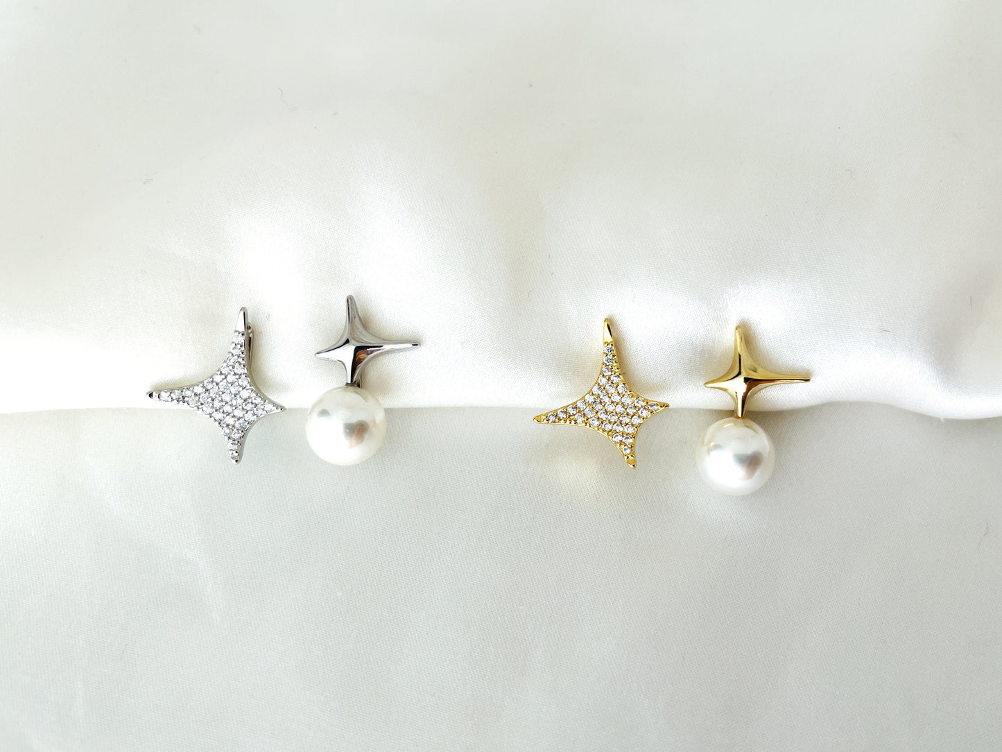 Mismatched Sparkly Gold/Silver Star and Pearl Clip on Earrings